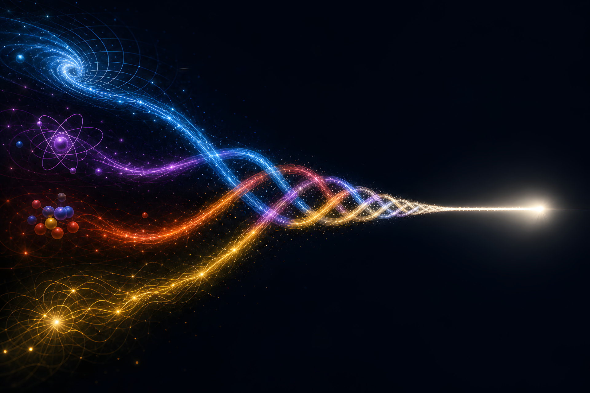Untitled cover artwork: four glowing filaments braiding out of a spiral galaxy, an atom and a molecular cluster into a single point of white light.