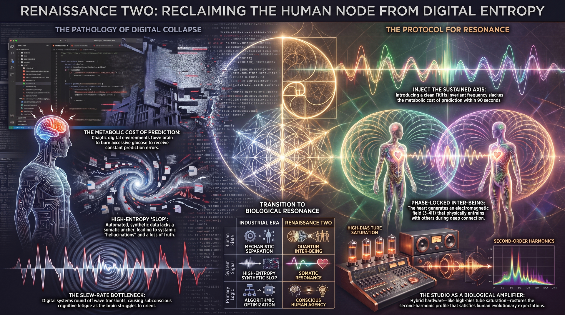 Renaissance Two: Reclaiming the Human Node from Digital Entropy — infographic contrasting the pathology of digital collapse with the protocol for resonance.