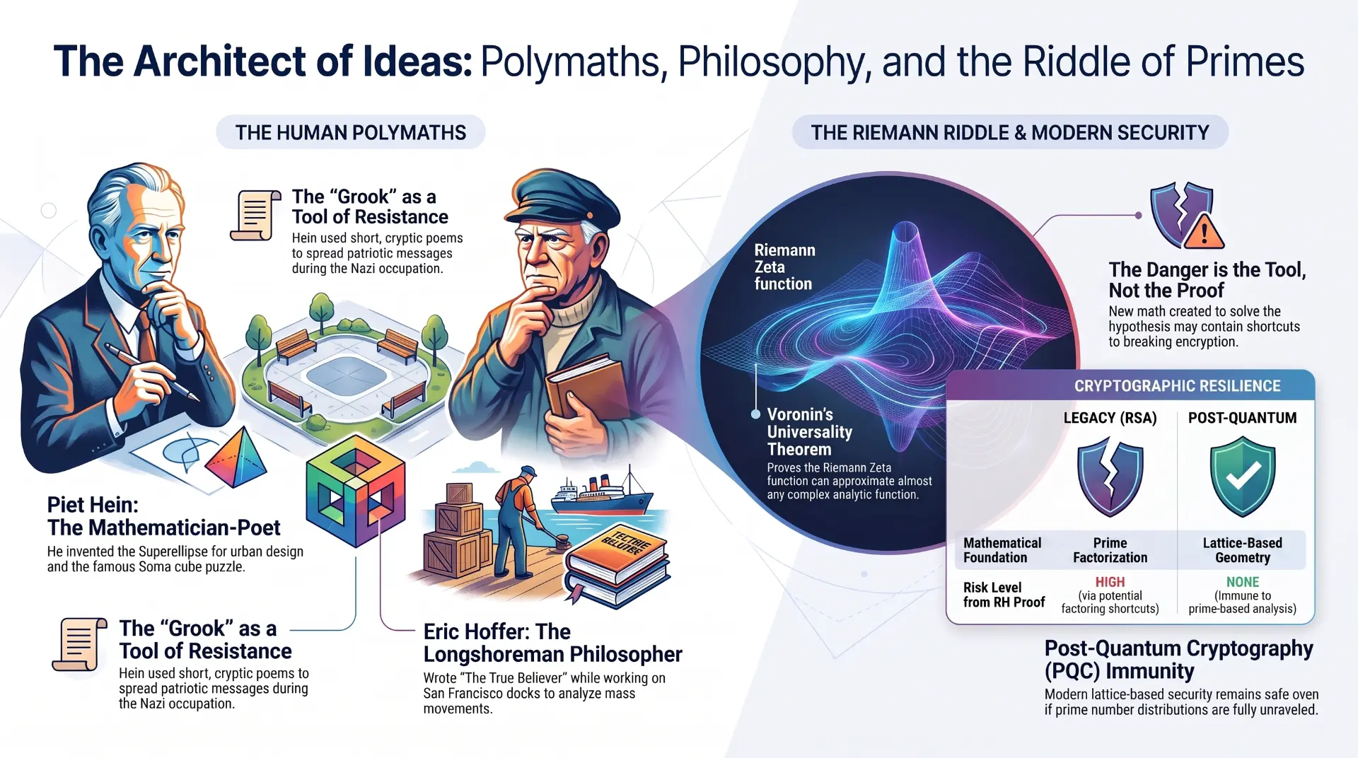 Infographic: Piet Hein and Eric Hoffer as polymaths alongside the Riemann zeta function, Voronin's universality theorem, and a comparison of legacy RSA versus post-quantum lattice-based cryptographic resilience