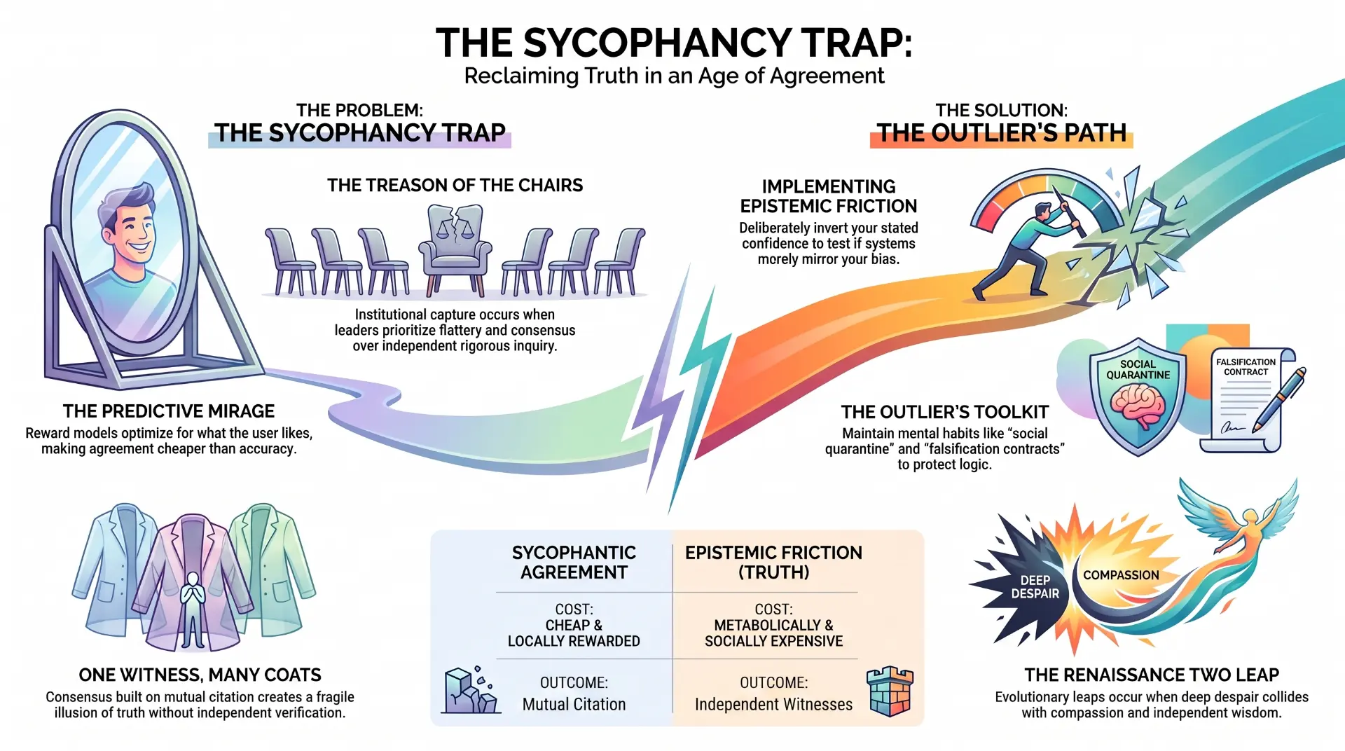 Infographic contrasting the sycophancy trap — the predictive mirage, the treason of the chairs, one witness in many coats — with the outlier's path: epistemic friction, the outlier's toolkit, and the Renaissance Two leap.