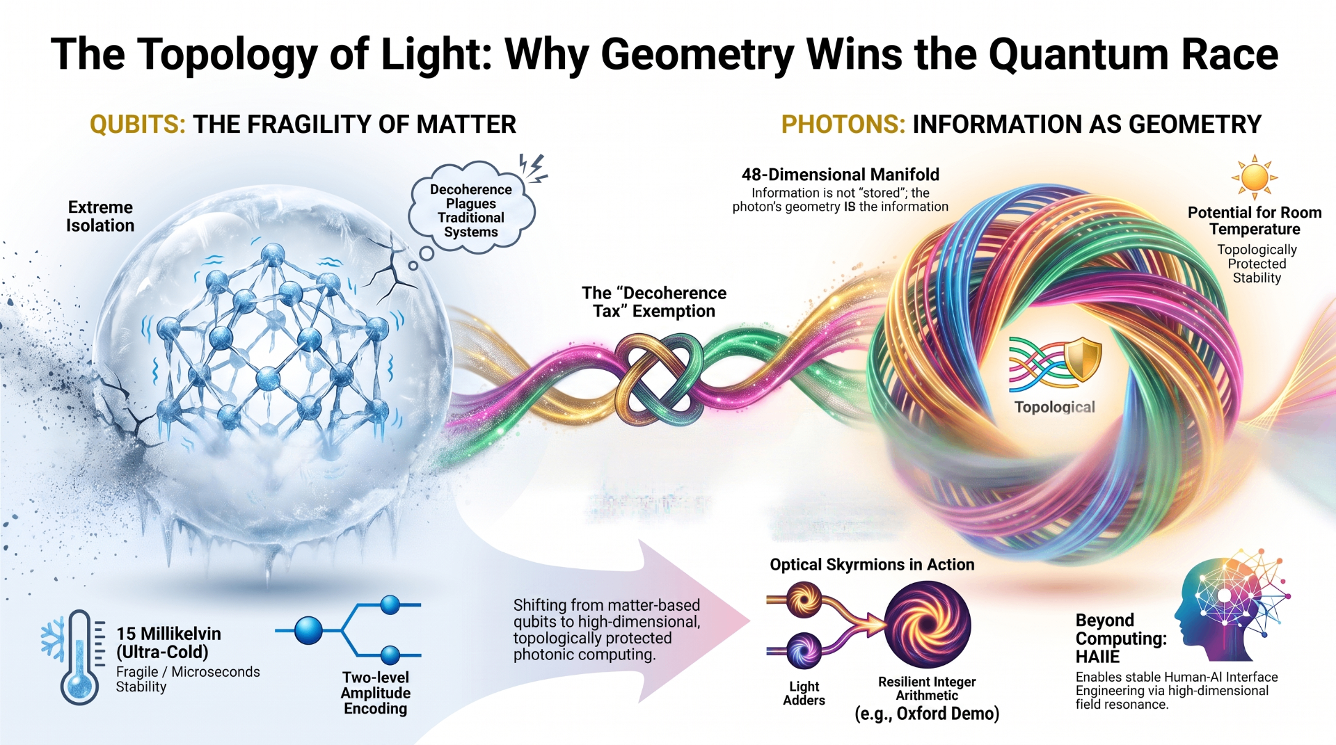Infographic contrasting fragile matter-based qubits requiring ultra-cold isolation with high-dimensional photonic manifolds carrying information as geometry, including optical skyrmions and topological protection.