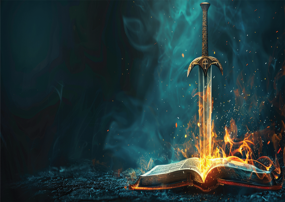 Double-Edged Sword — a ceremonial sword standing upright in an open book set aflame, teal smoke rising behind it.