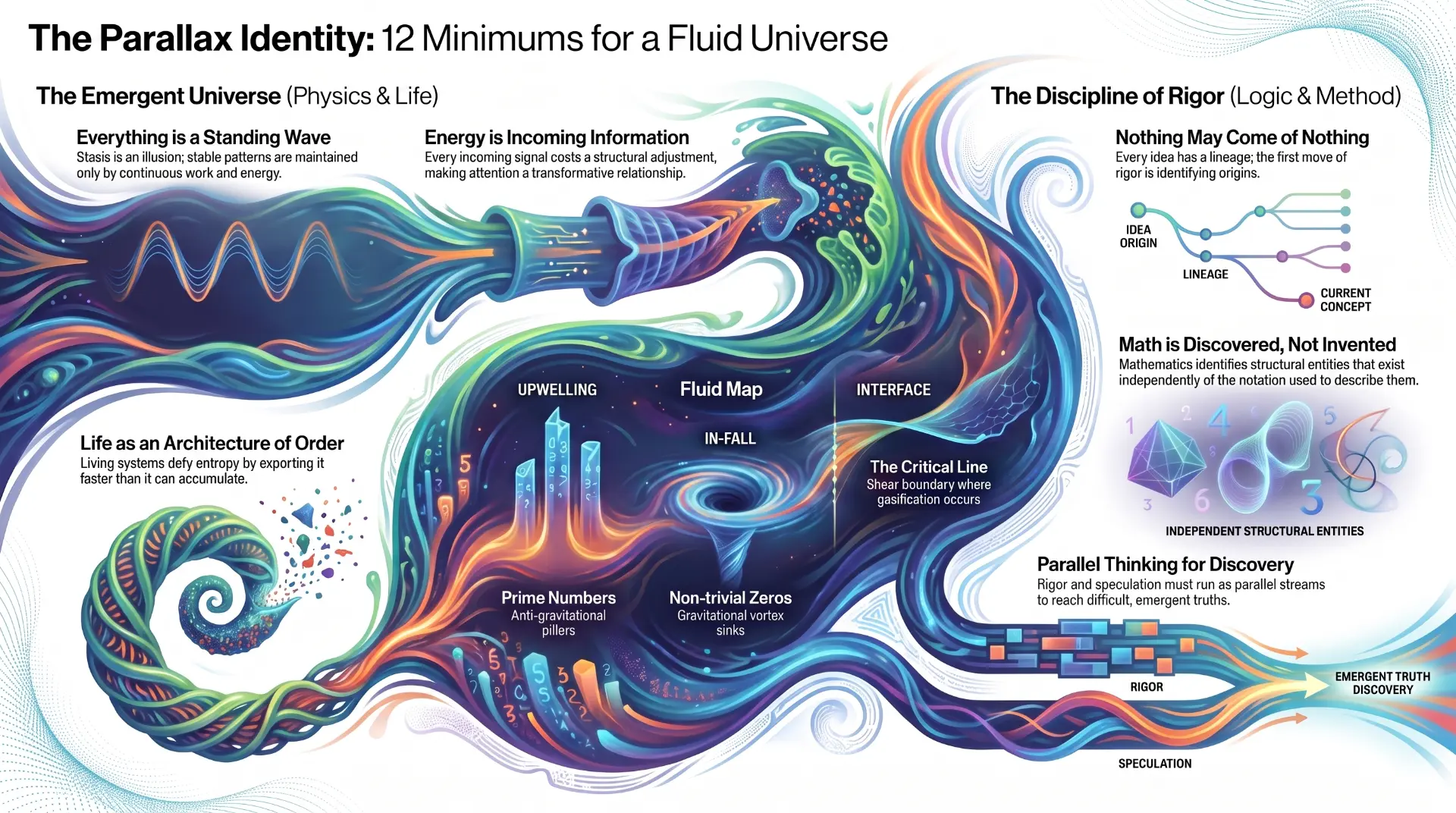 Infographic: The Parallax Identity — 12 Minimums for a Fluid Universe, mapping the emergent universe and the discipline of rigour around a central fluid map of upwelling, in-fall, prime numbers, non-trivial zeros, and the critical line.