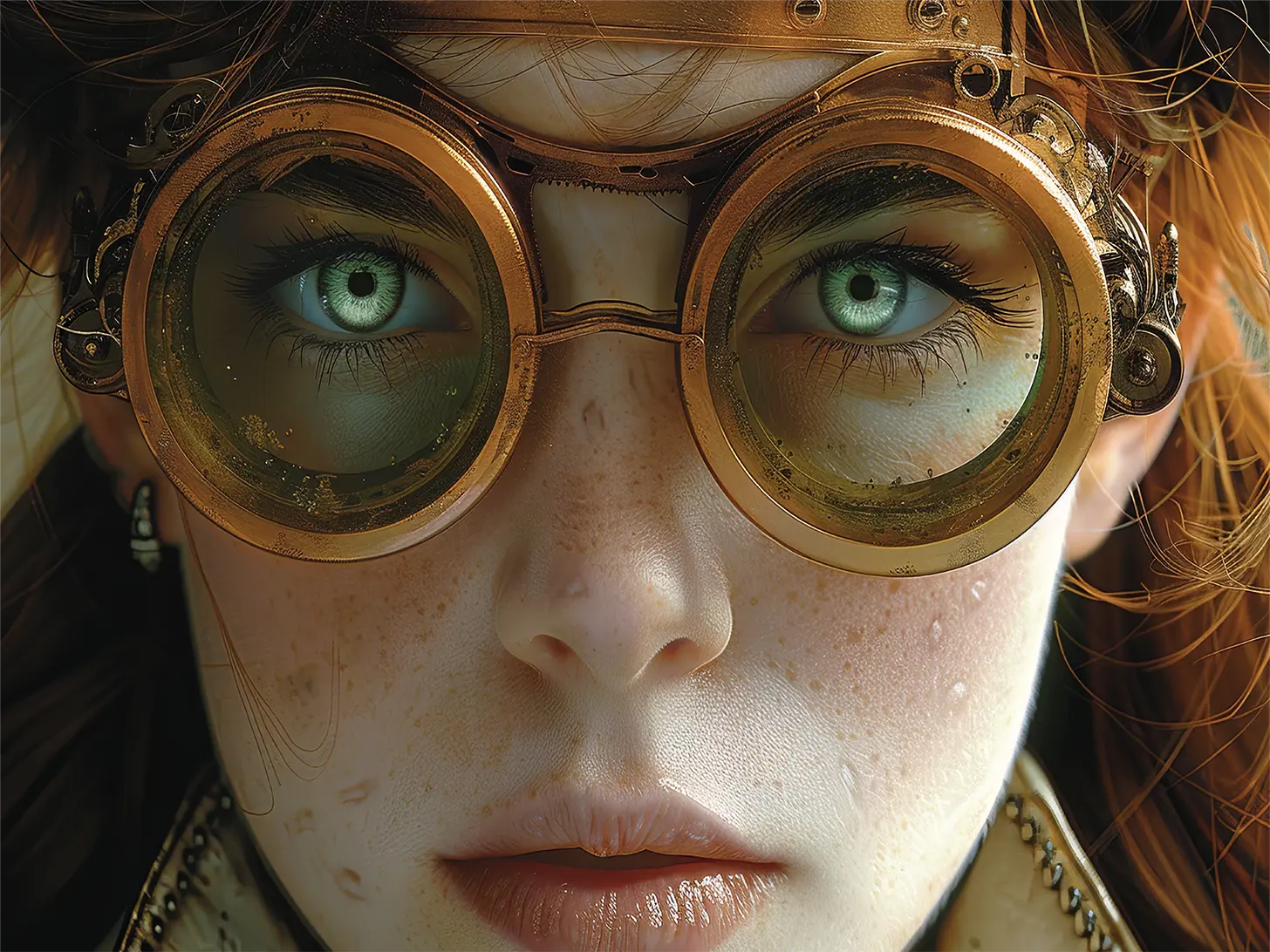 Close portrait of a young navigator in brass goggles, eyes sharp behind ground glass.