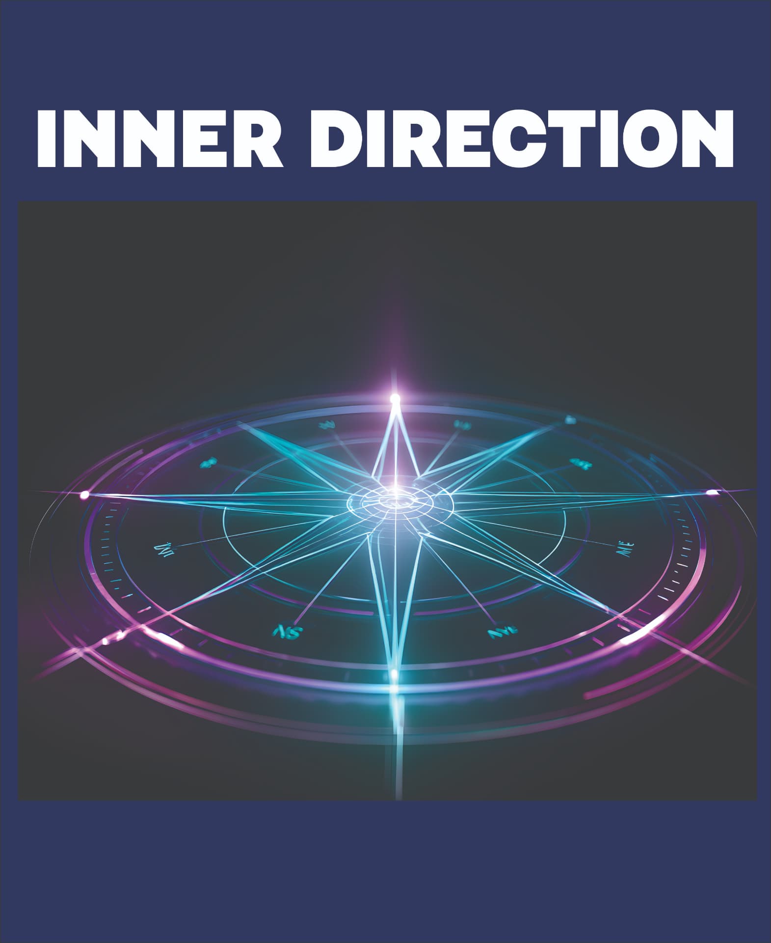 The cover of Inner Direction: a luminous compass rose rendered in cyan and magenta light, its radial lines converging on a bright centre beneath the title.