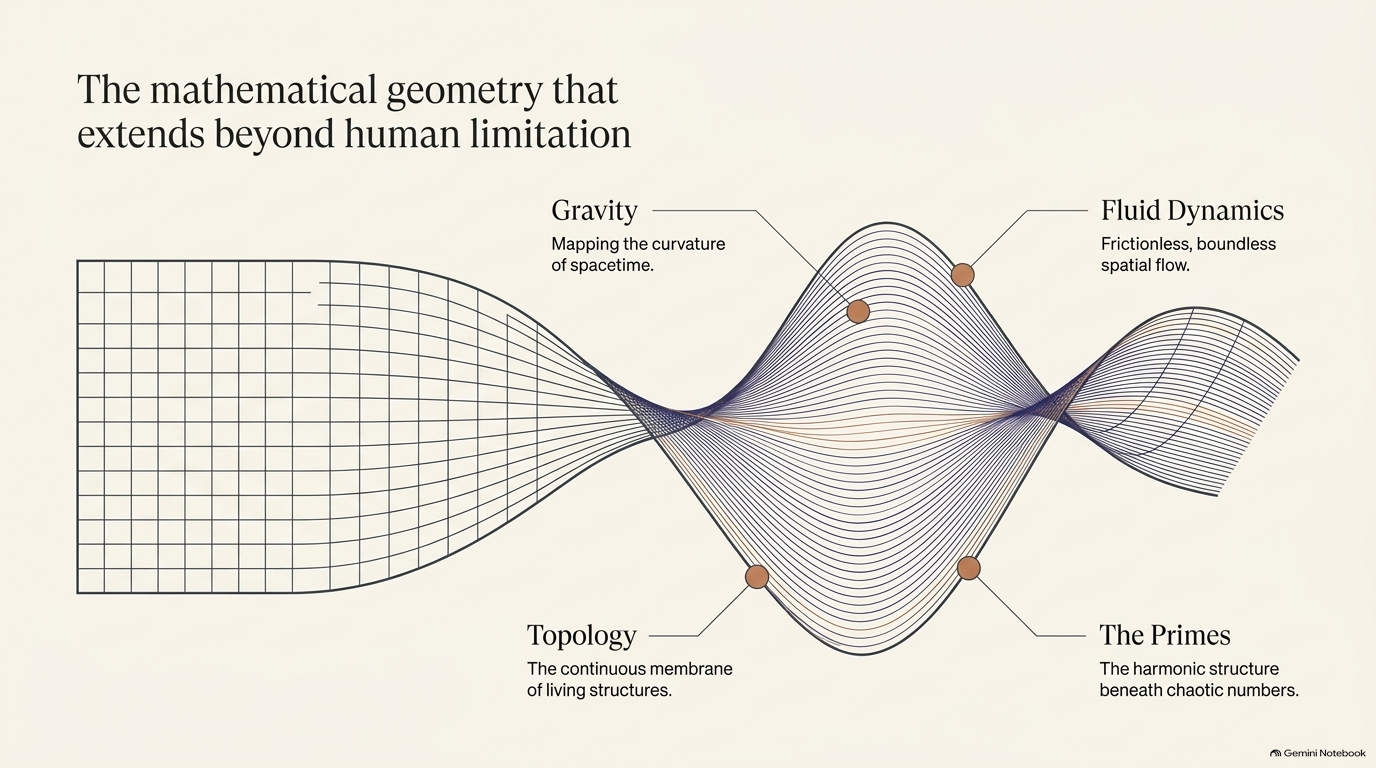 A grid surface opening into a twisting wave, with nodes labeled Gravity, Fluid Dynamics, Topology, and The Primes