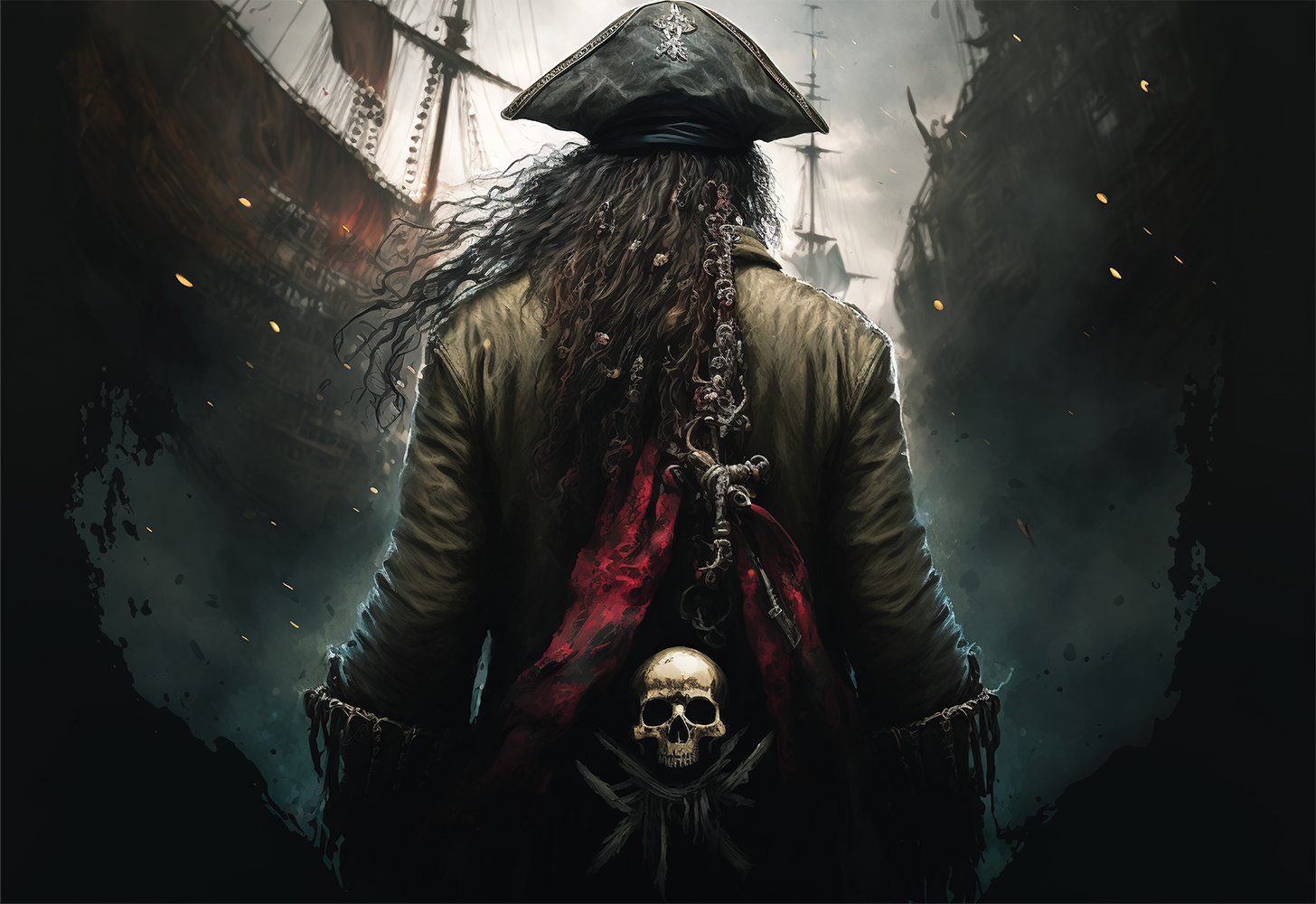 Silhouette of a pirate seen from behind, skull and crossbones displayed, burning ships in the distance.