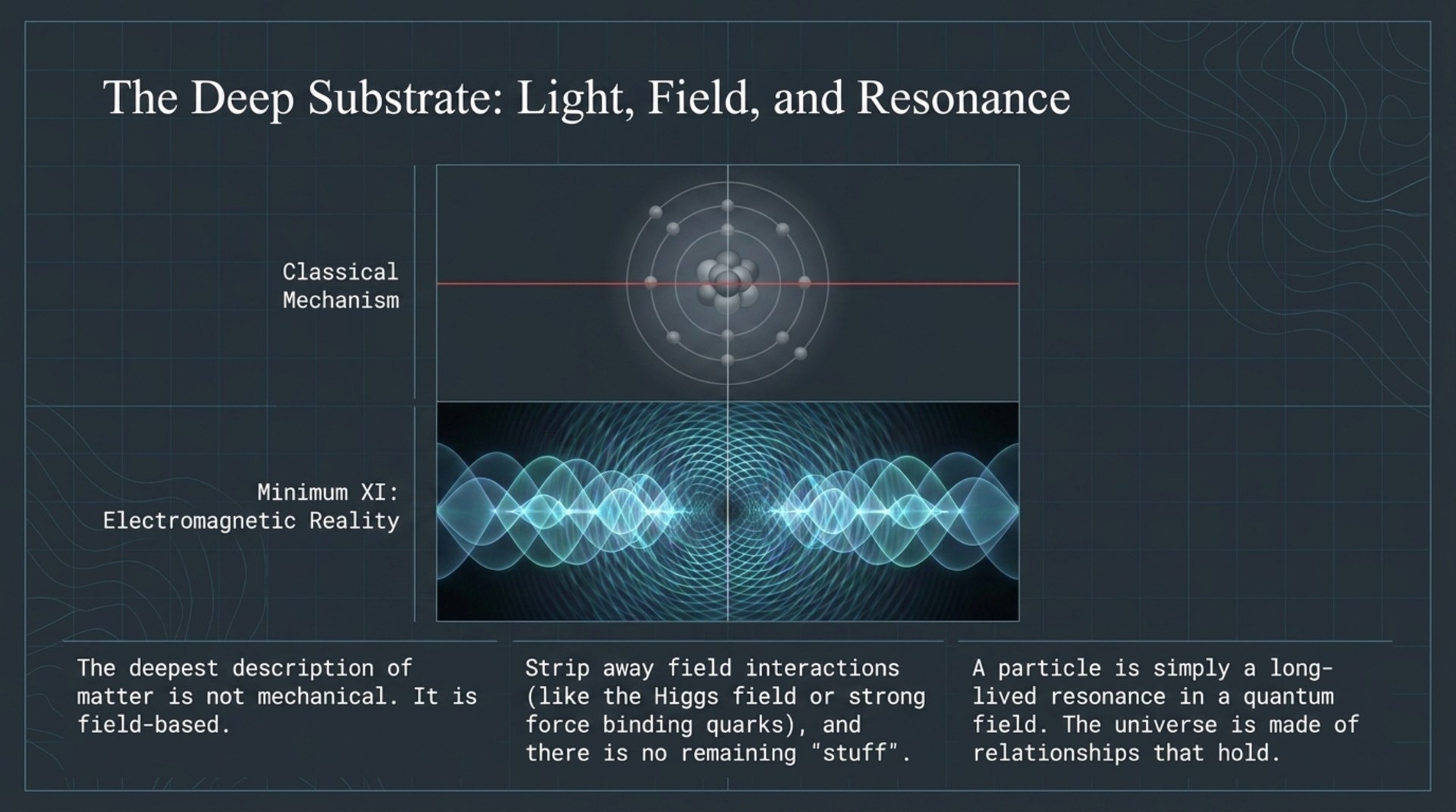 Classical atomic model above a wave-based electromagnetic representation, illustrating particles as long-lived field resonances.