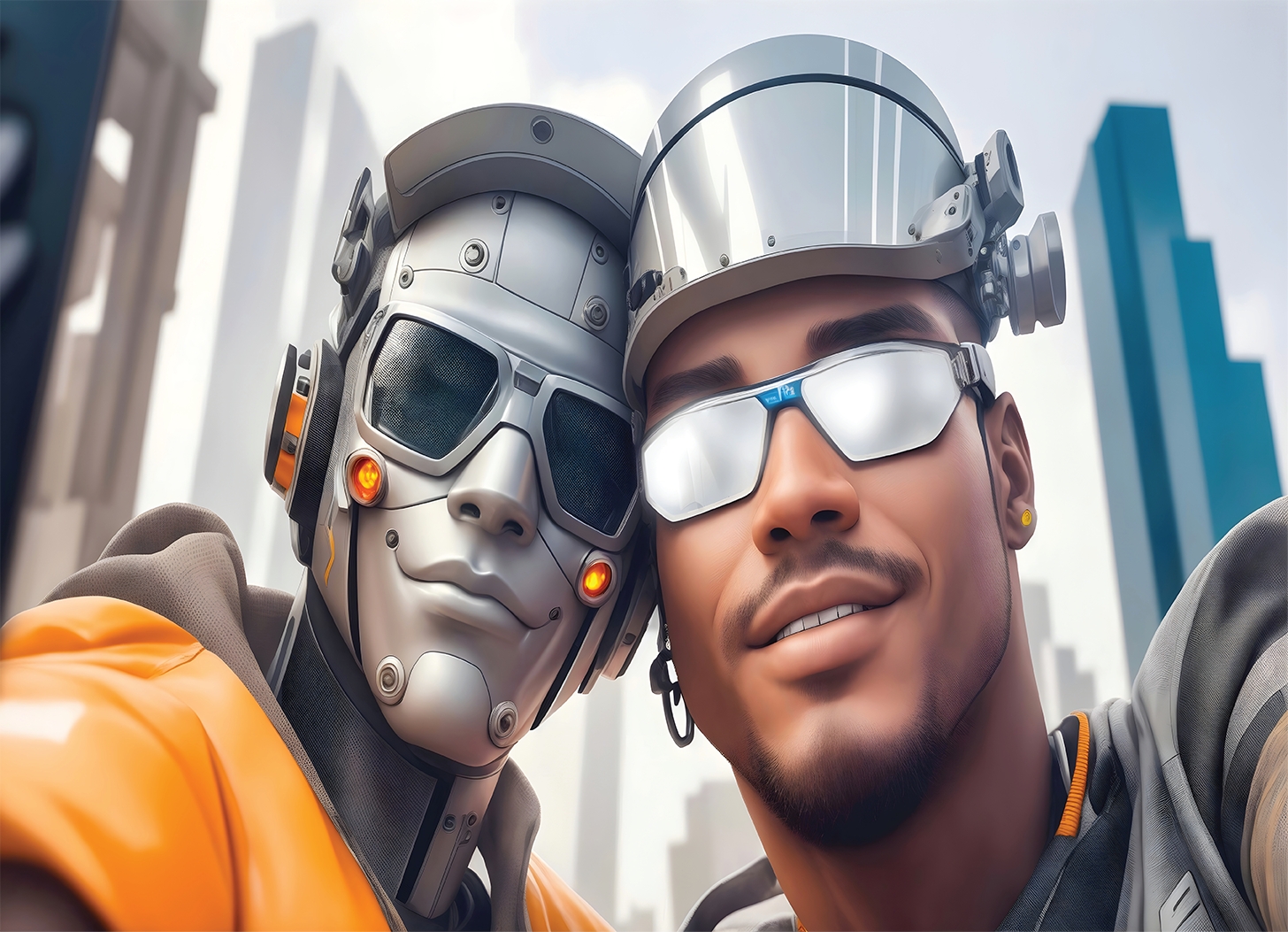 Artist's rendering: a human and a humanoid robot leaning together for a warm selfie, city skyline behind them — the believed vision of human–AI partnership.