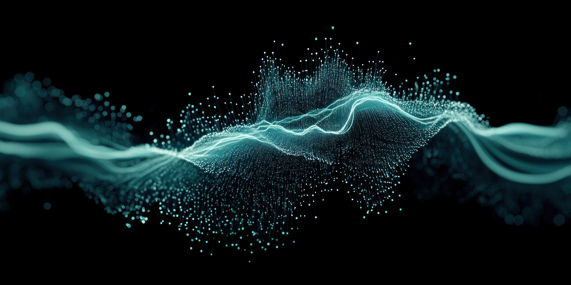 Cyan particles arranged along a luminous standing wave — a coherent pattern held between two ends rather than a lineage that has forked.