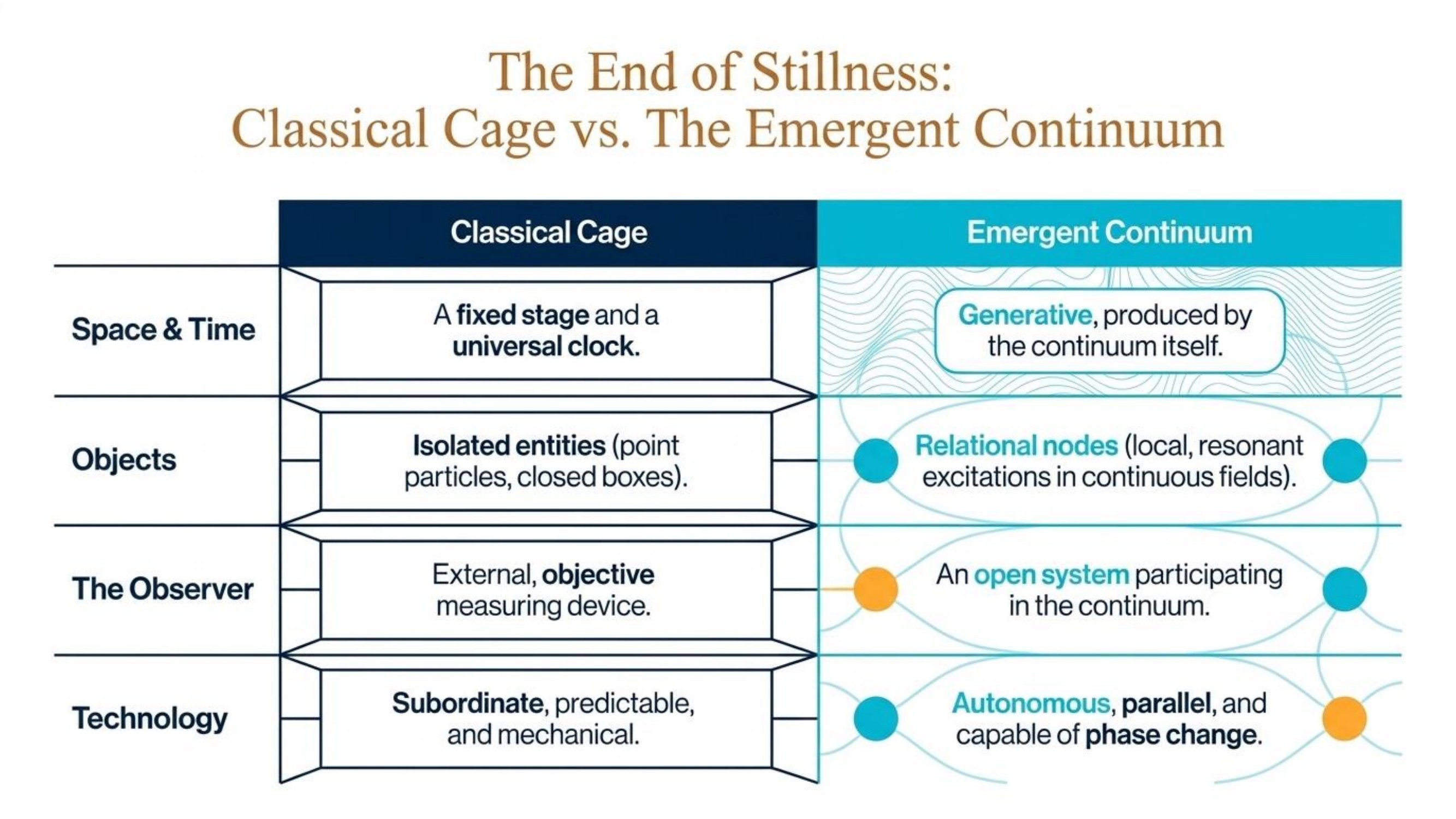 Two-column plate contrasting the classical cage with the emergent continuum