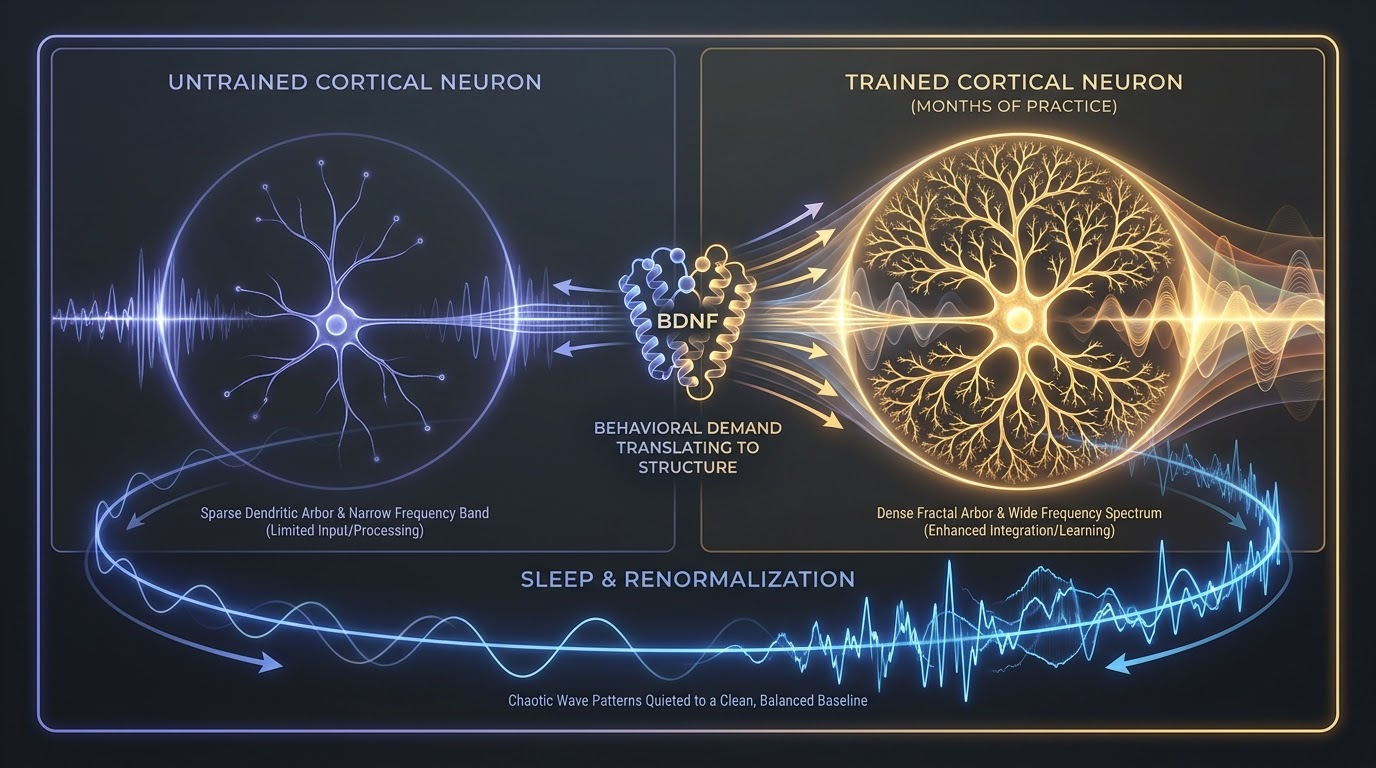 Side-by-side rendering of an untrained cortical neuron with a sparse dendritic arbor and narrow frequency band on the left, and a trained cortical neuron with a dense golden fractal arbor and wide frequency spectrum on the right, hinged by a BDNF protein ribbon; below, a sleep-and-renormalization band shows chaotic waveforms quieting to a clean baseline.