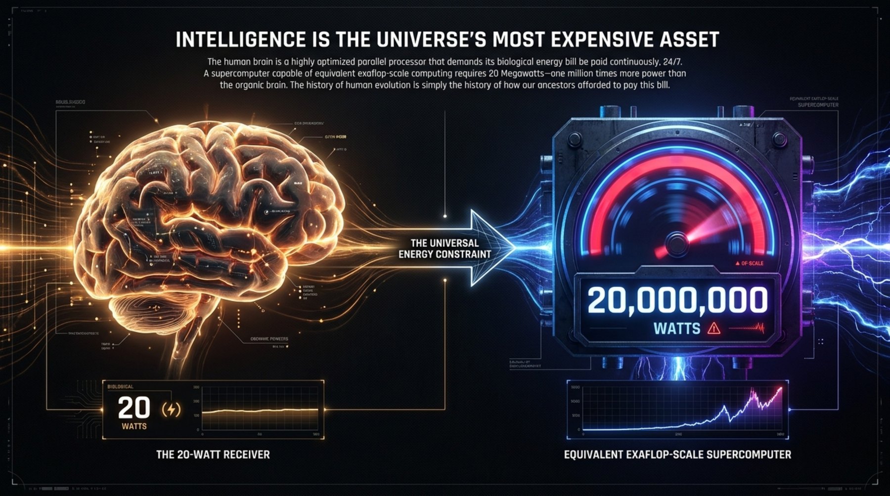 Split illustration: a glowing human brain labelled 'the 20-watt receiver' on the left, an arrow marked 'the universal energy constraint' in the centre, and an exaflop-scale supercomputer gauge reading 20,000,000 watts on the right.
