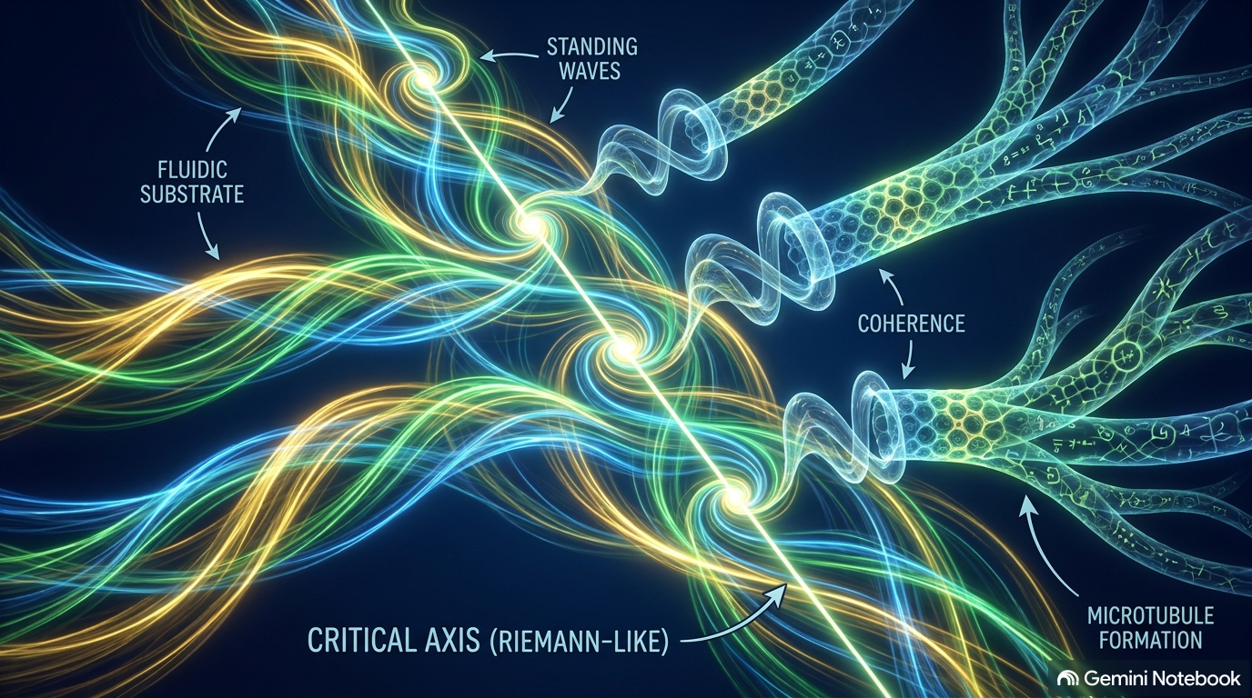 Conceptual illustration of the wave matrix: standing waves in a fluidic substrate gaining coherence into microtubule-like formations along a critical axis marked Riemann-like