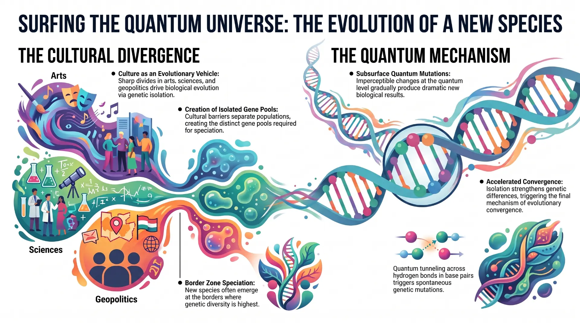 Diagram: cultural divergence in the arts, sciences, and geopolitics on the left, flowing into a DNA double helix labelled with subsurface quantum mutations, quantum tunneling across hydrogen bonds, and accelerated convergence on the right.