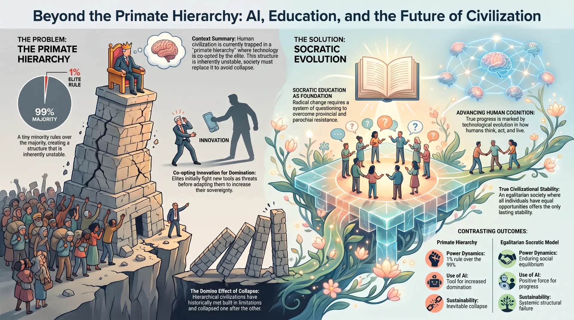 Infographic contrasting the primate hierarchy — a cracking stone pyramid with a 1% elite above a 99% majority — with a Socratic egalitarian model of people questioning together on a luminous platform.