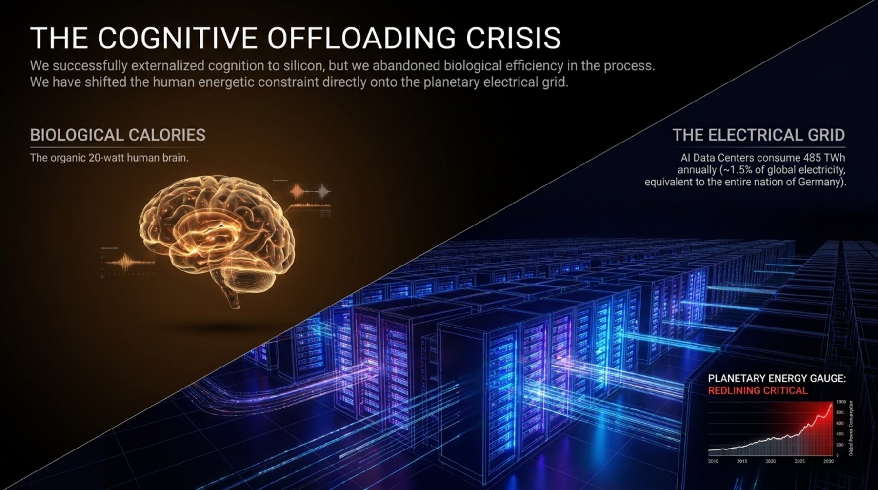 Illustration contrasting the biological calories of a 20-watt brain with the electrical grid load of AI data centres, alongside a rising chart of annual terawatt-hours from 2010 to 2030.