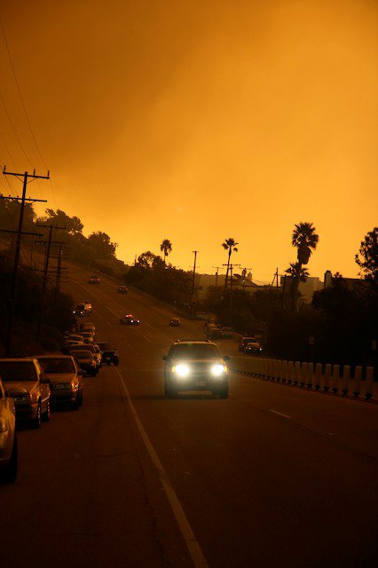Evacuation road at dusk under an orange sky — cars lined on the shoulder, headlights on, palms in silhouette.