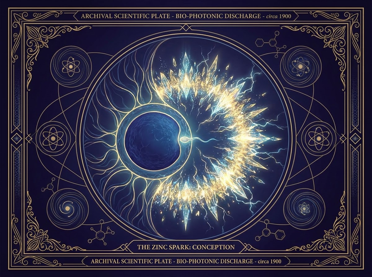 Archival scientific plate: bio-photonic discharge at conception. A stylized egg and sperm are shown at the moment of fusion, with a radiating gold and blue zinc spark. Ornamental atomic and molecular motifs frame the central image.