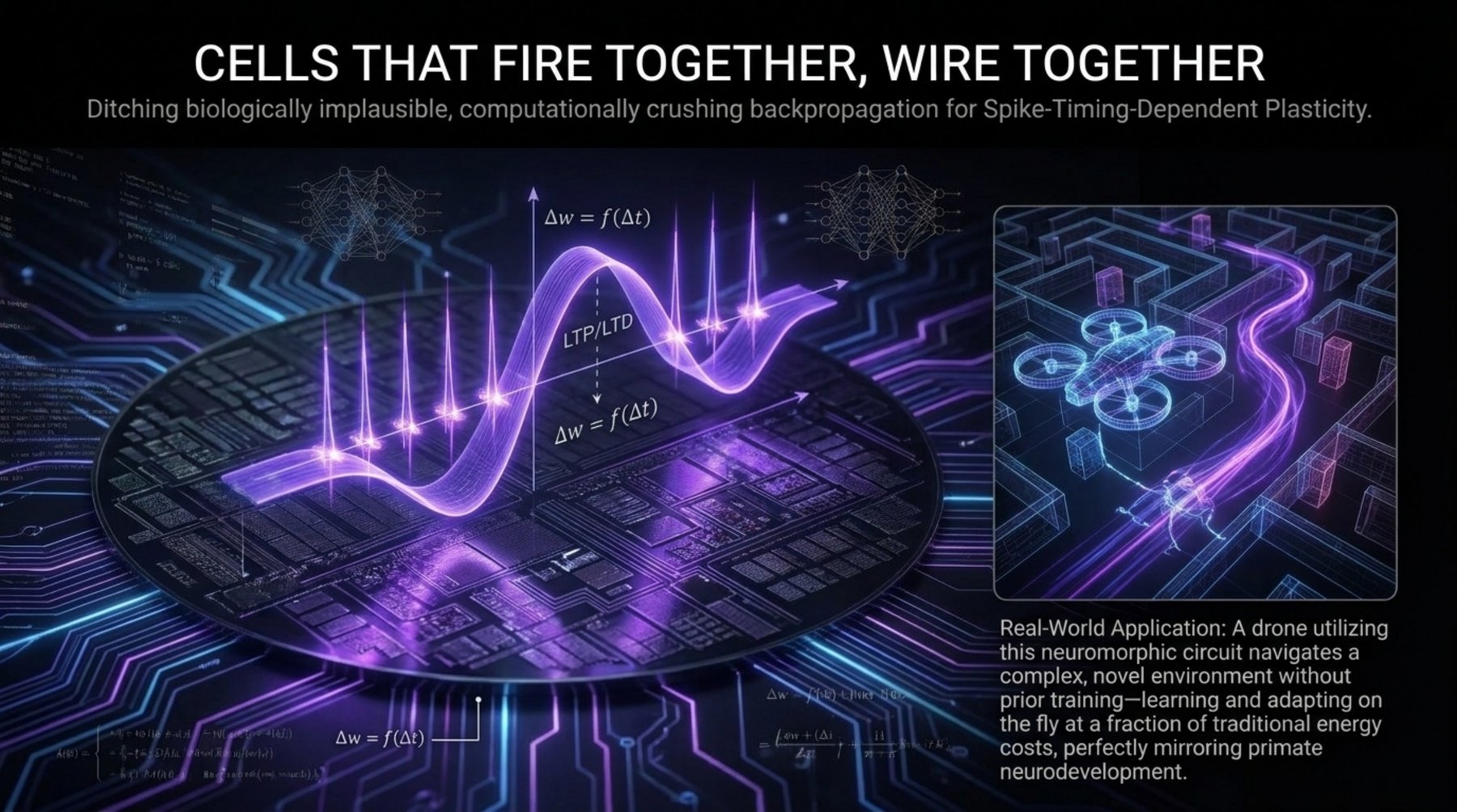Neuromorphic wafer with a spike-timing-dependent plasticity curve and the relation delta-w equals a function of delta-t, beside a drone navigating an unfamiliar maze.
