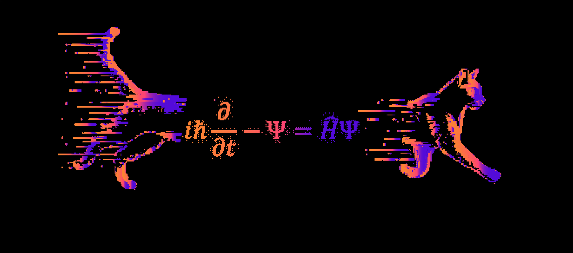 Two pixelated cats face each other across the Schrödinger equation, one dissolving into pixels, the other resolving from them.