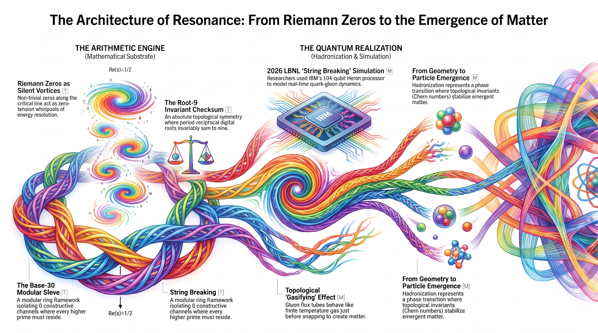 The Architecture of Resonance: From Riemann Zeros to the Emergence of Matter — the Arithmetic Engine of Riemann zeros, root-9 invariant checksum, and base-30 modular sieve flowing into the Quantum Realization of LBNL string-breaking simulation and topological particle emergence.