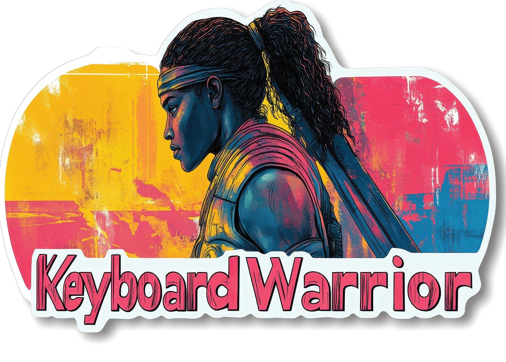 Keyboard Warrior — a stylized portrait of a woman in profile, headband on, weapon slung over her back, over a yellow/pink/blue grunge field.