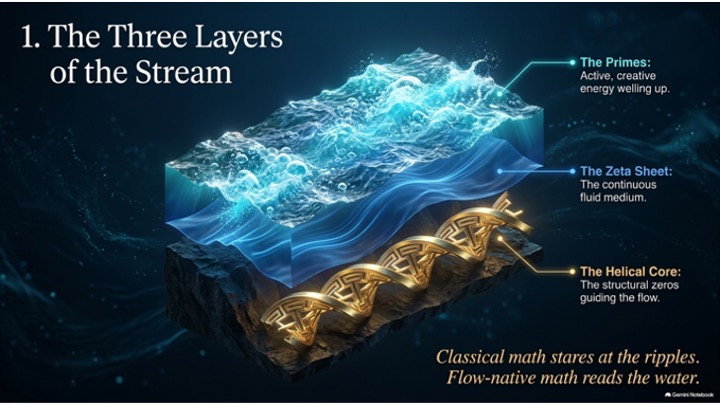Cutaway diagram of a stream in three layers: turbulent primes on top, a continuous zeta sheet in the middle, a golden helical core beneath.