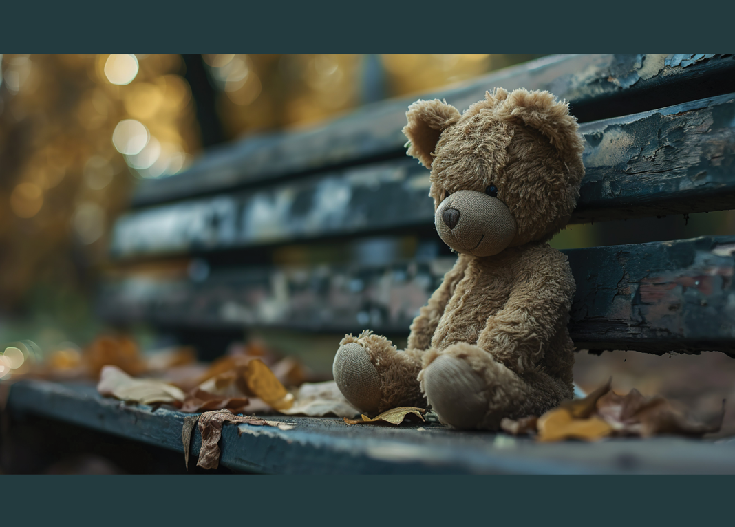 A teddy bear sitting alone on a bench — the keeper's chillaxing moment interrupted.