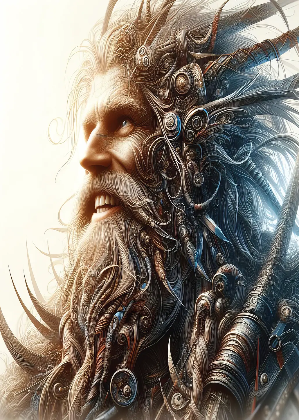 Profile of an elder mariner, hair and beard interwoven with brass mechanism.