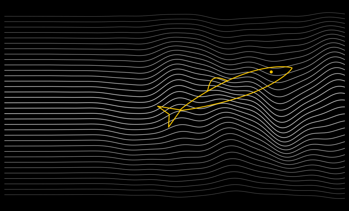 Parallel flow lines entering from the left, warping into eddies across the page, with a minimal trout outline spanning the disturbed region so that organism and current read as one geometry.