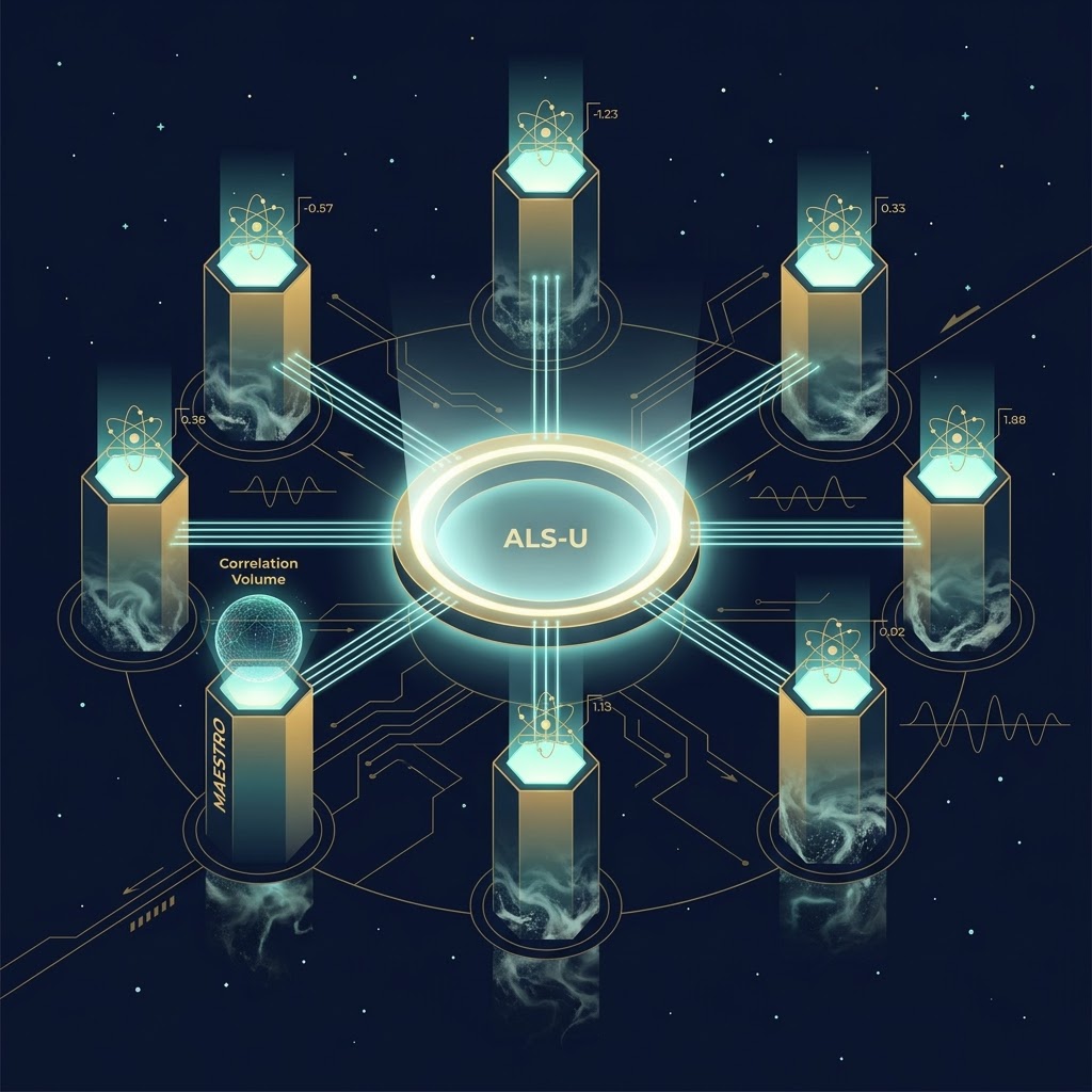 Artist's rendering of the ALS-U coherent ring at centre with six hexagonal endstation pillars arranged around it, each labeled with a correlation coefficient; MAESTRO named as the Correlation Volume pillar with a translucent probe sphere.