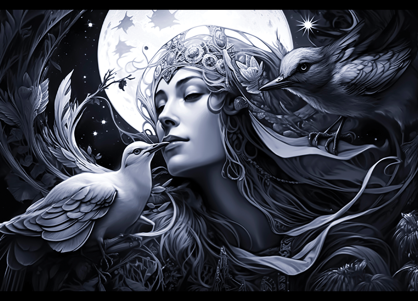 Moonlit figure among birds, rendered in silver monochrome.