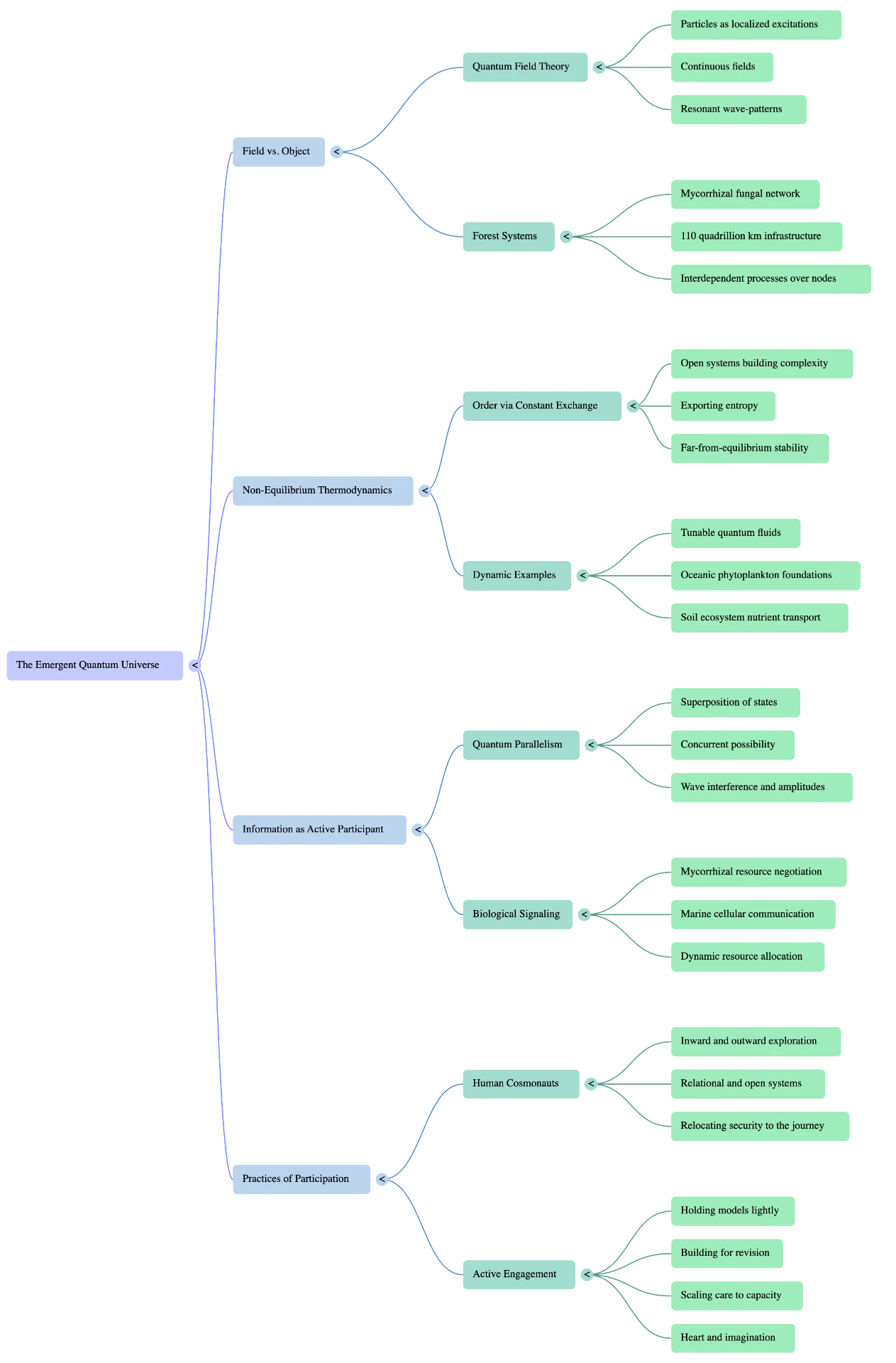 Concept map of field versus object, non-equilibrium thermodynamics, information as active participant, and practices of participation