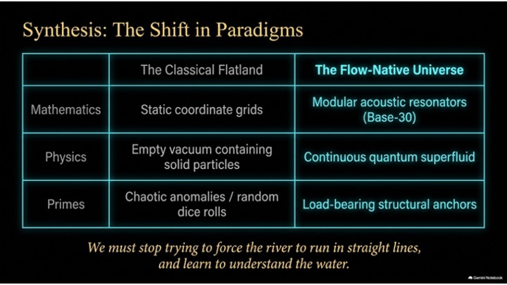 A two-column comparison table contrasting The Classical Flatland with The Flow-Native Universe across mathematics, physics, and primes.