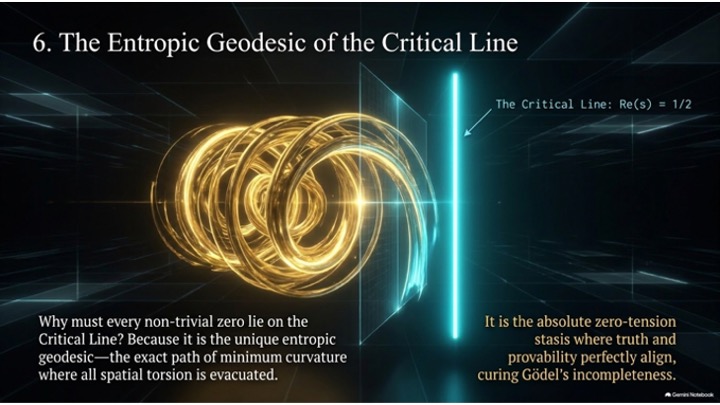 A golden helical structure narrowing toward a vertical cyan line labelled The Critical Line: Re(s) = 1/2.