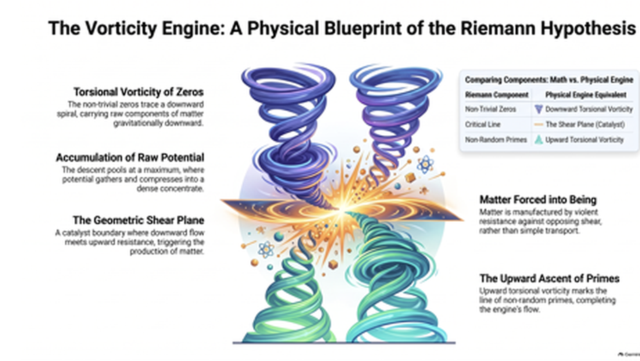 The Vorticity Engine: a physical blueprint of the Riemann Hypothesis. Counter-rotating helices meet at a horizontal shear plane; downward torsional vorticity of the non-trivial zeros carries raw potential to a maximum, and upward torsional vorticity marks the line of the non-random primes.