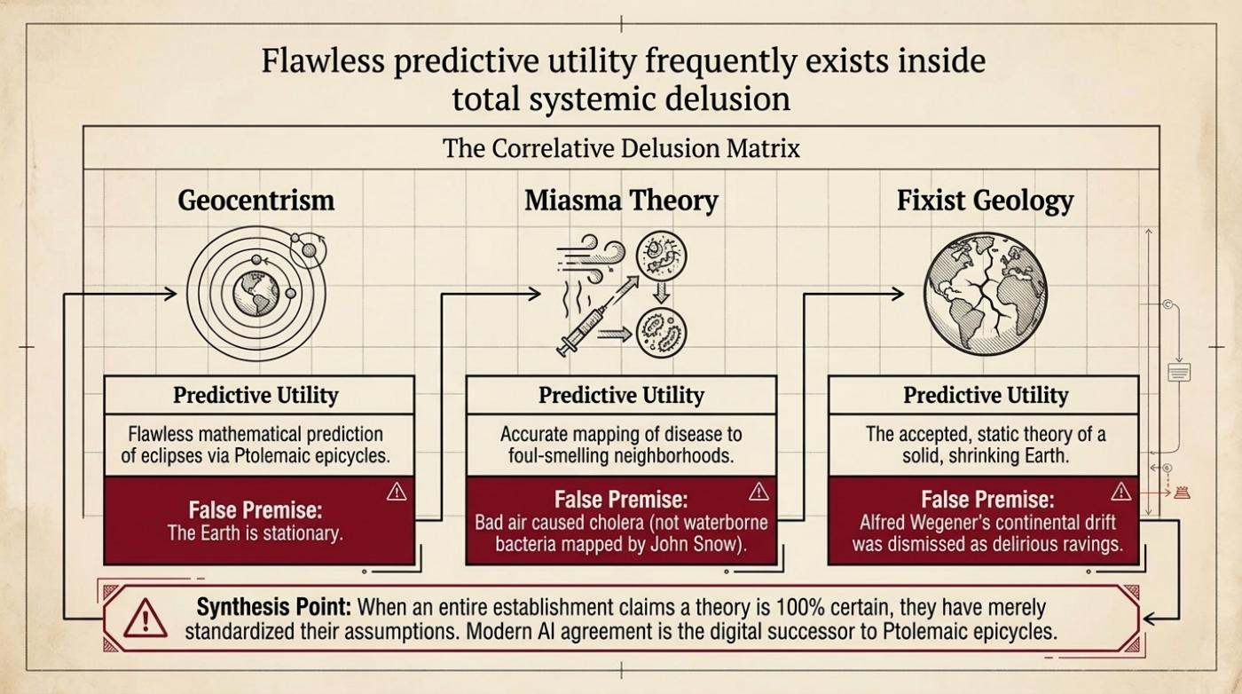 Flawless predictive utility inside total systemic delusion — Ptolemy, miasma, fixist geology.