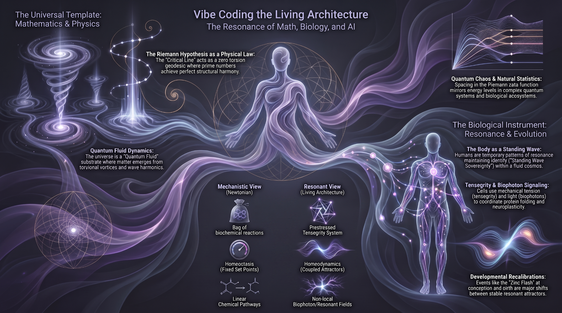 Vibe Coding the Living Architecture — infographic of math/physics parallels to the biological instrument.