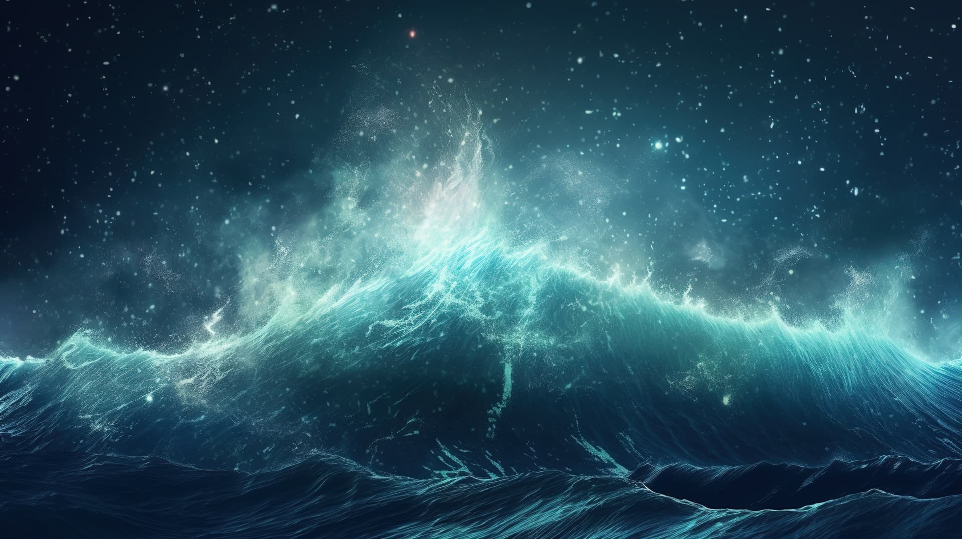 A luminous breaking wave under a field of stars, its crest dissolving into spray and light