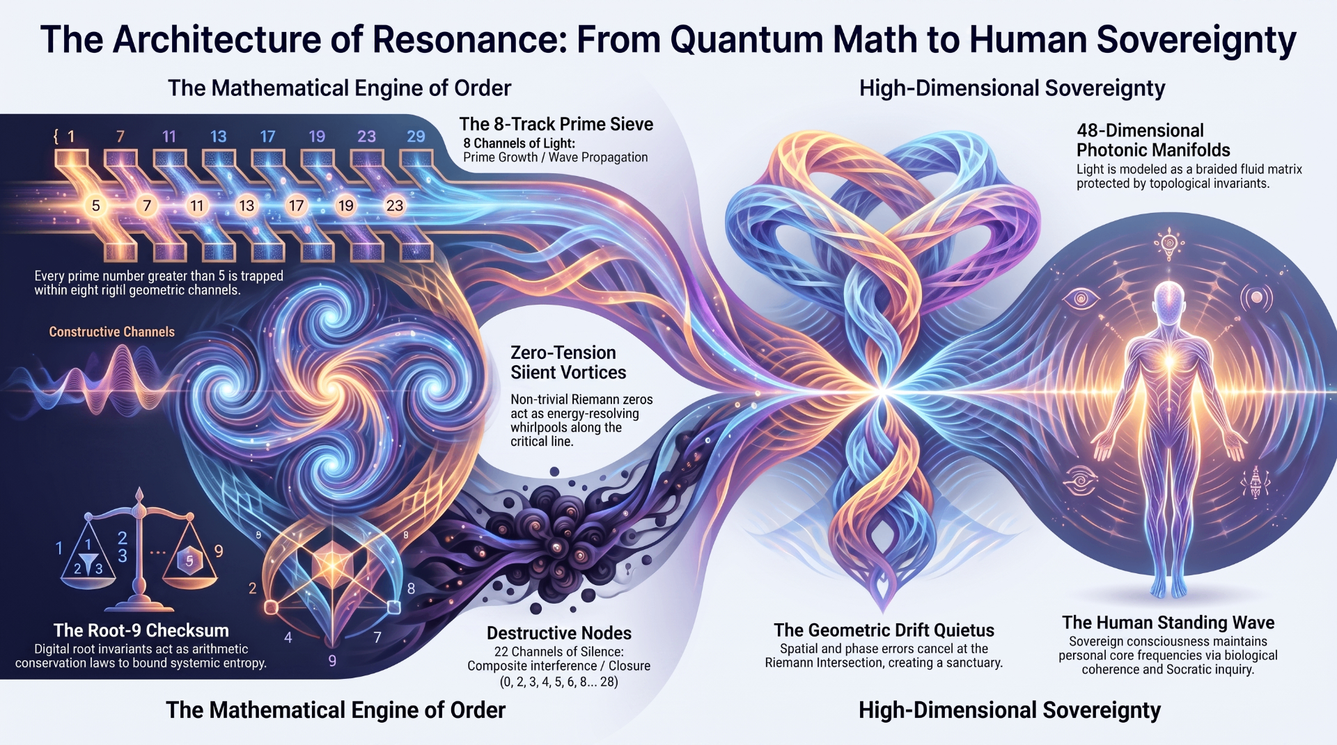 The Architecture of Resonance: From Quantum Math to Human Sovereignty — infographic pairing the mathematical engine of order (8-track prime sieve, root-9 checksum, silent vortices) with the 48-dimensional photonic manifold and the human standing wave.