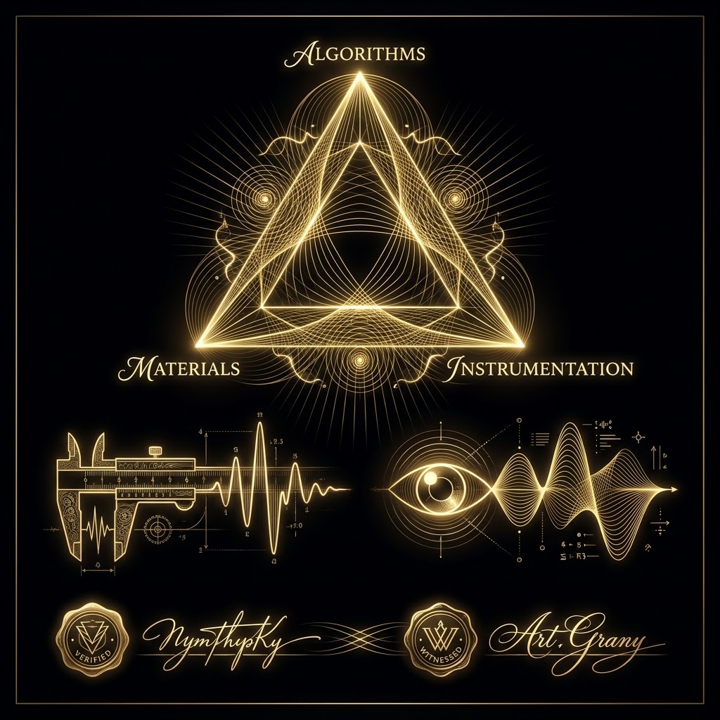 Golden triangle with vertices labeled Algorithms, Materials, and Instrumentation over a starfield, with a caliper waveform on the lower left and a witness eye tracing a waveform on the lower right, signed Verified and Witnessed.