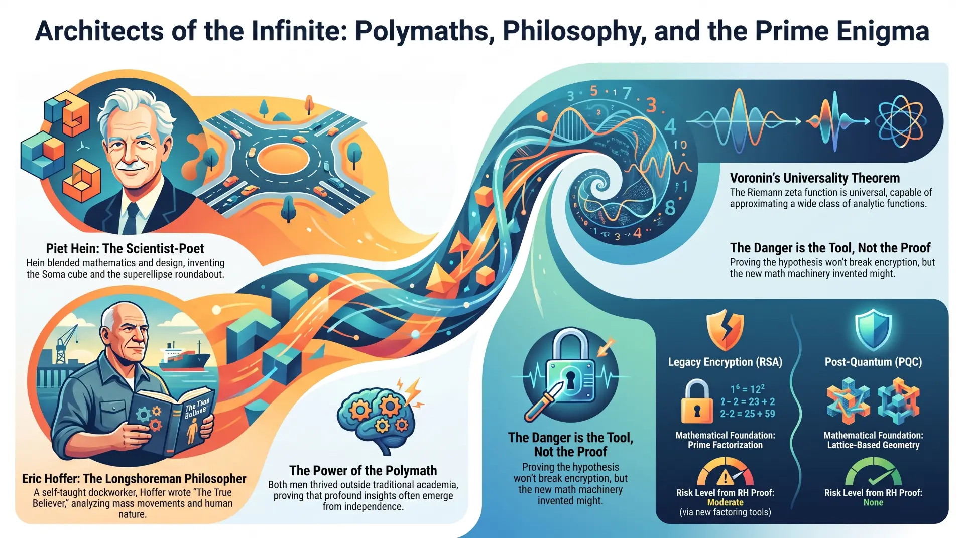 Infographic: Piet Hein the scientist-poet, Eric Hoffer the longshoreman philosopher, Voronin's universality theorem, and the risk profile of legacy RSA versus post-quantum lattice cryptography.