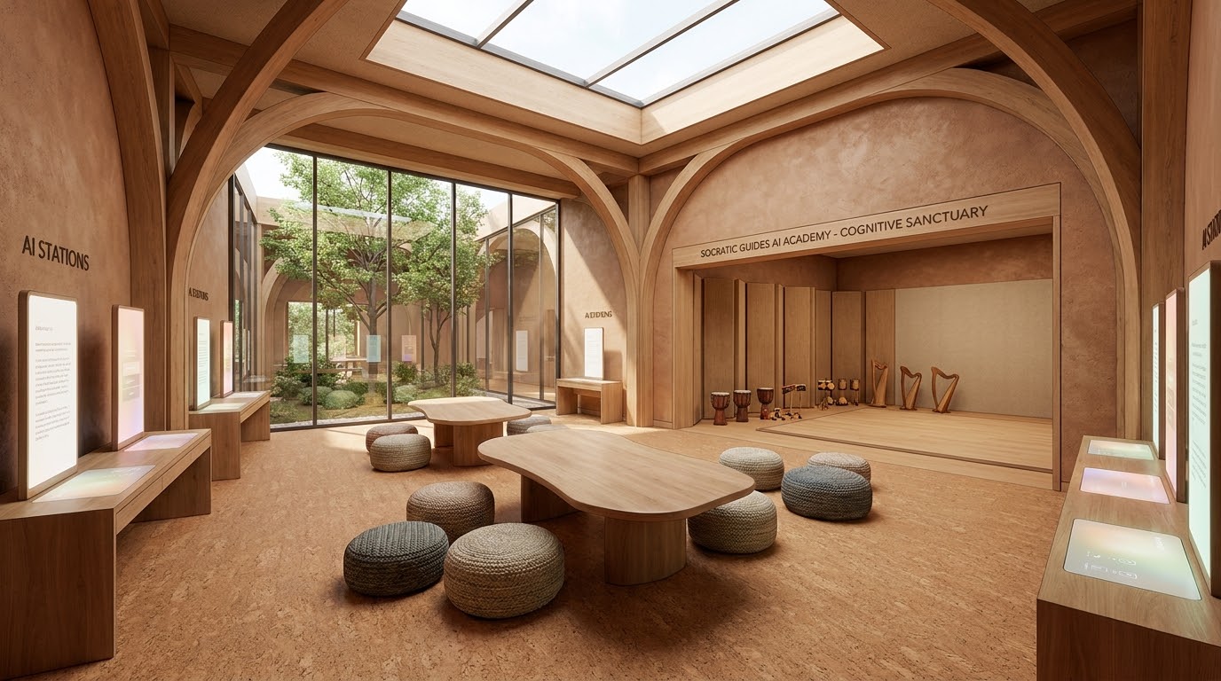 Concept rendering of a desk-free Socratic Guides AI Academy classroom: timber arches and a central skylight above organic gathering tables and woven floor poufs, a glass wall onto a planted courtyard, glowing AI station kiosks along the side walls, and a wooden-floor music stage with hand drums and small harps at the rear.