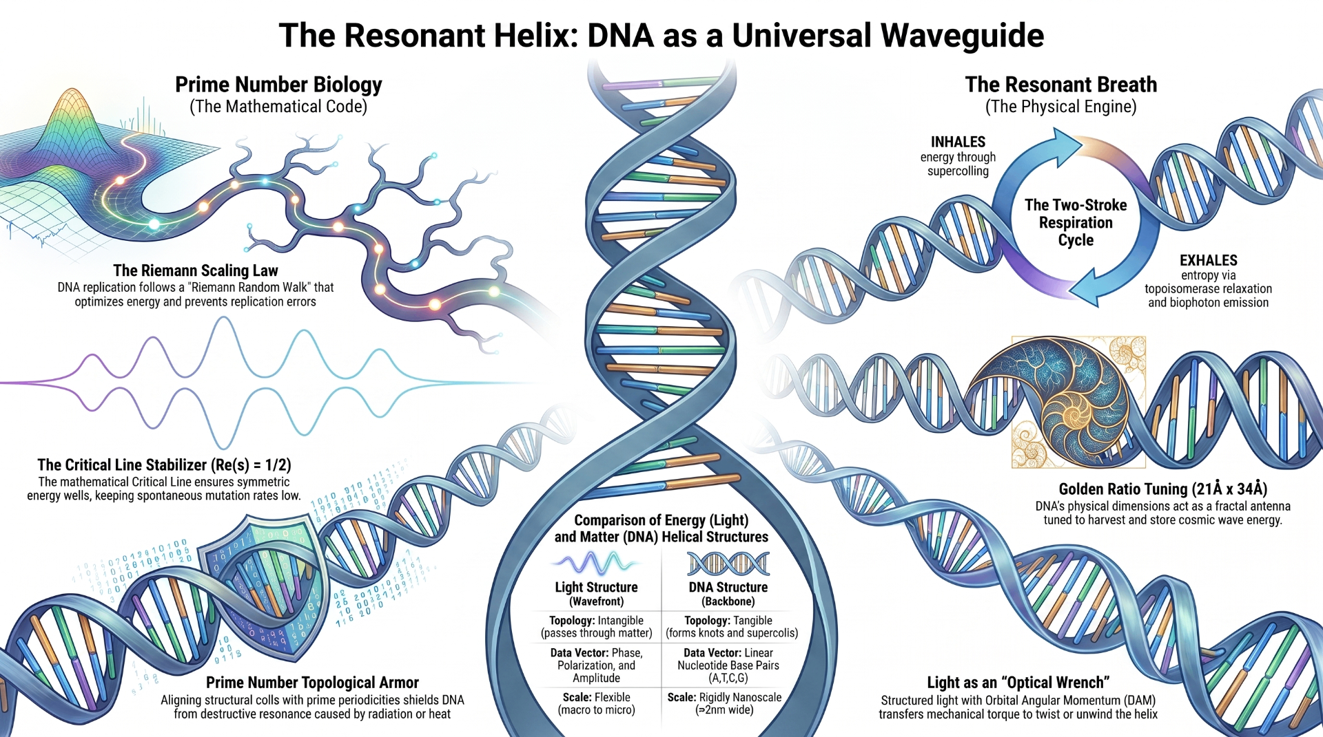 The Resonant Helix: DNA as a universal waveguide — prime-number biology on the left, the two-stroke respiration cycle on the right, and a light/DNA structural comparison at the base of the double helix.
