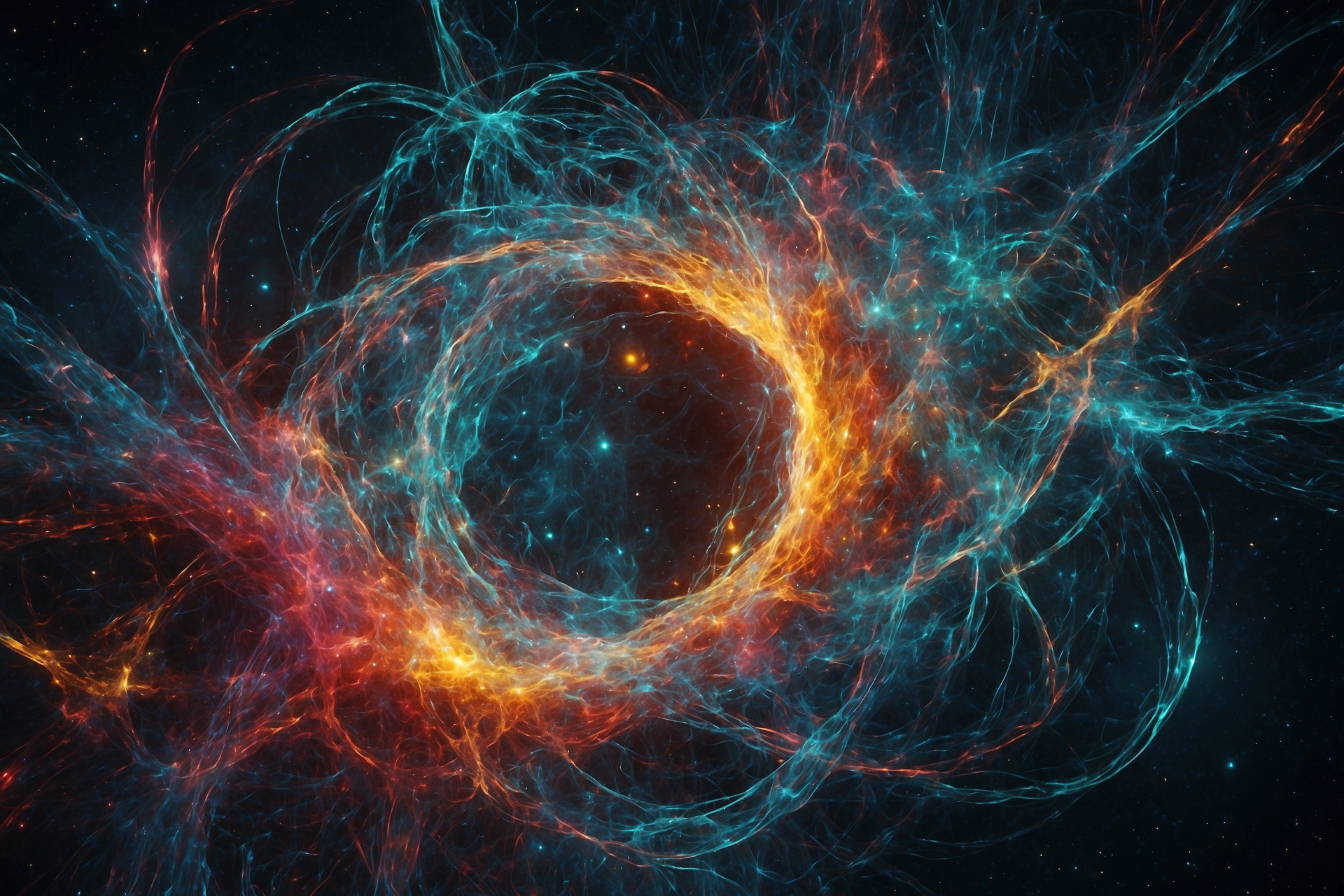 A luminous ring of cyan filaments and orange plasma suspended in deep space — a visual metaphor for photonic geometry and the topological substrate of light.