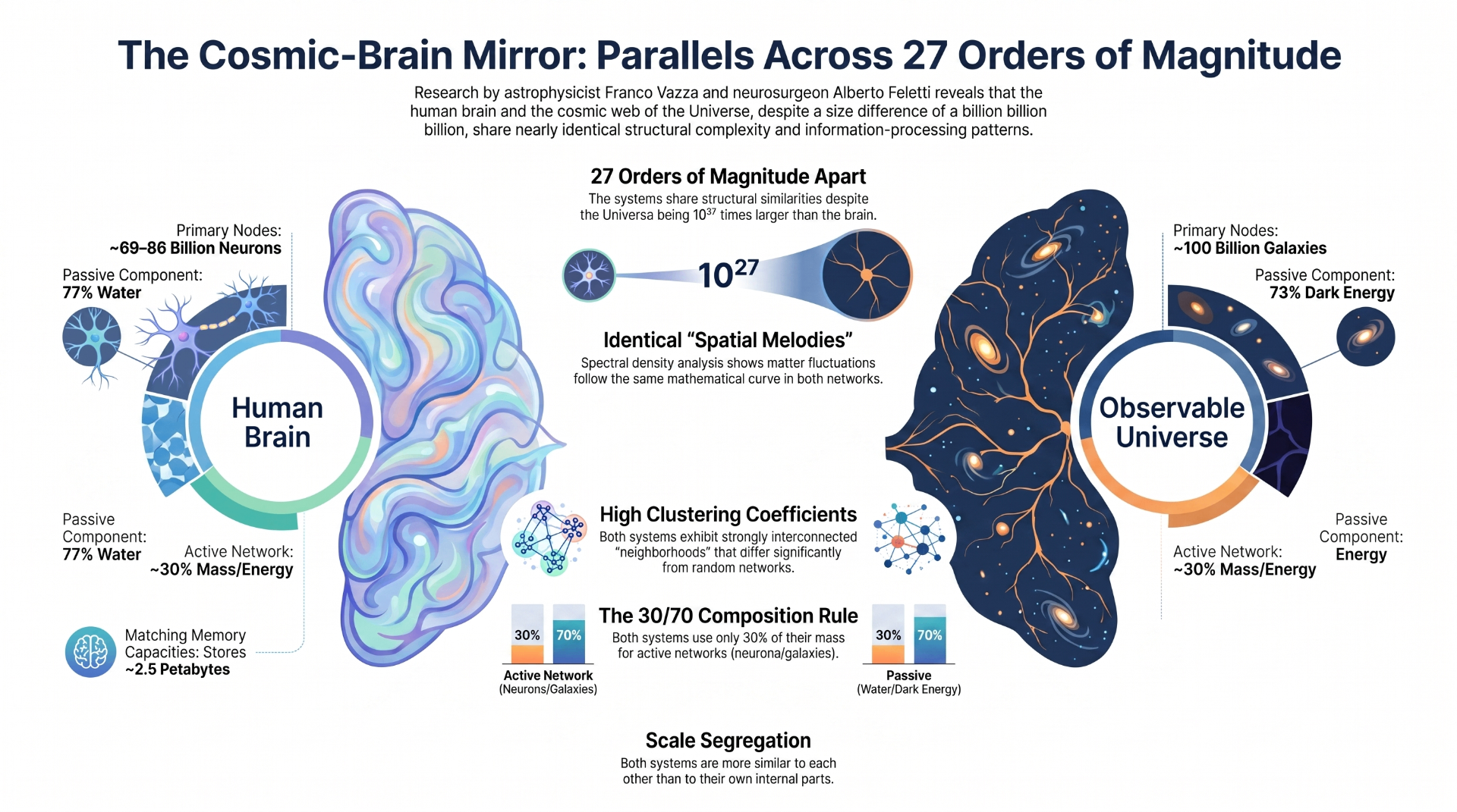 Infographic comparing the human brain and the observable universe: 27 orders of magnitude apart, identical spectral density, 30/70 composition rule, matching clustering coefficients, and roughly matching memory capacities.