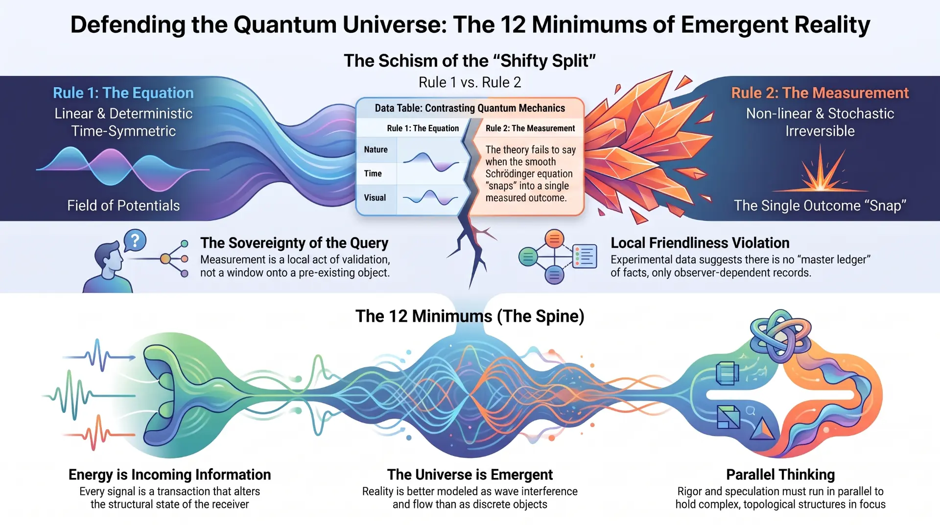 Diagram of the shifty split between Rule 1 (the linear Schrödinger equation) and Rule 2 (the irreversible measurement snap), with the twelve minimums drawn as a wave spine