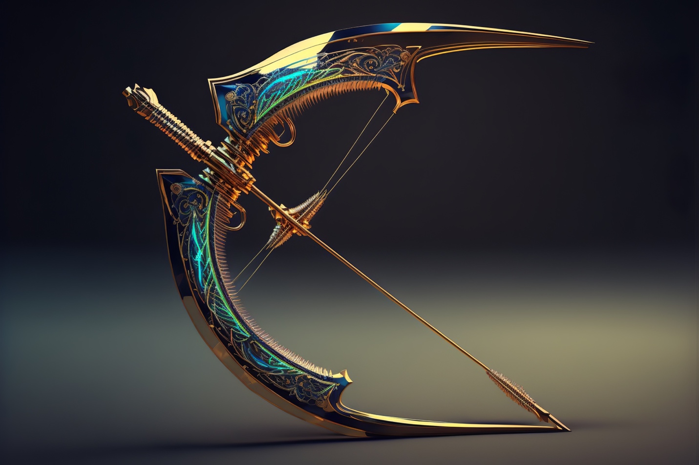 A gold and blue bow and arrow suspended in flight.