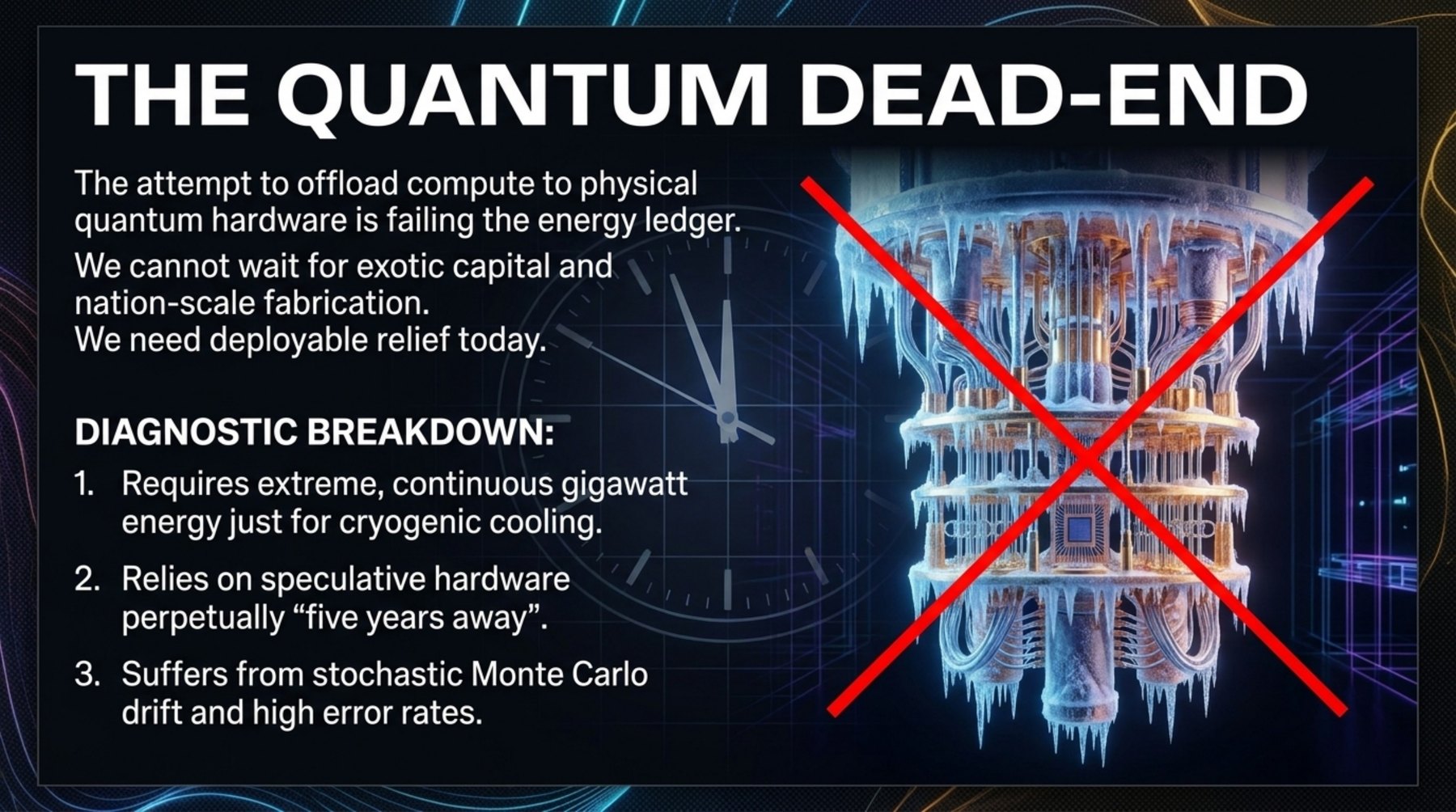 Illustration of a dilution-refrigerator quantum computer with a large red cross over it, beside a three-point diagnostic list on cryogenic load, speculative hardware timelines, and stochastic error rates.